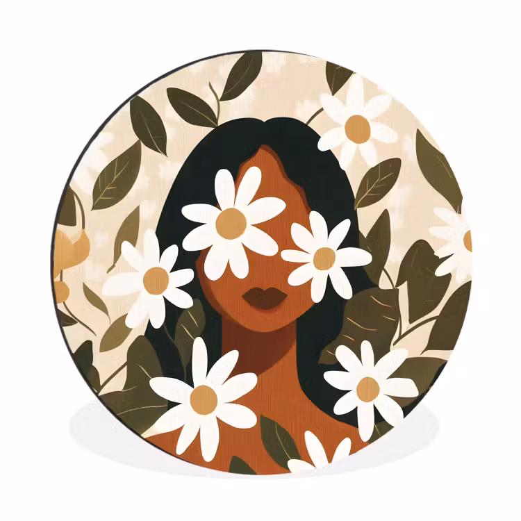 Wandcirkel - aluminium - Illustratie - Vrouw - Madeliefjes - Wit — 1