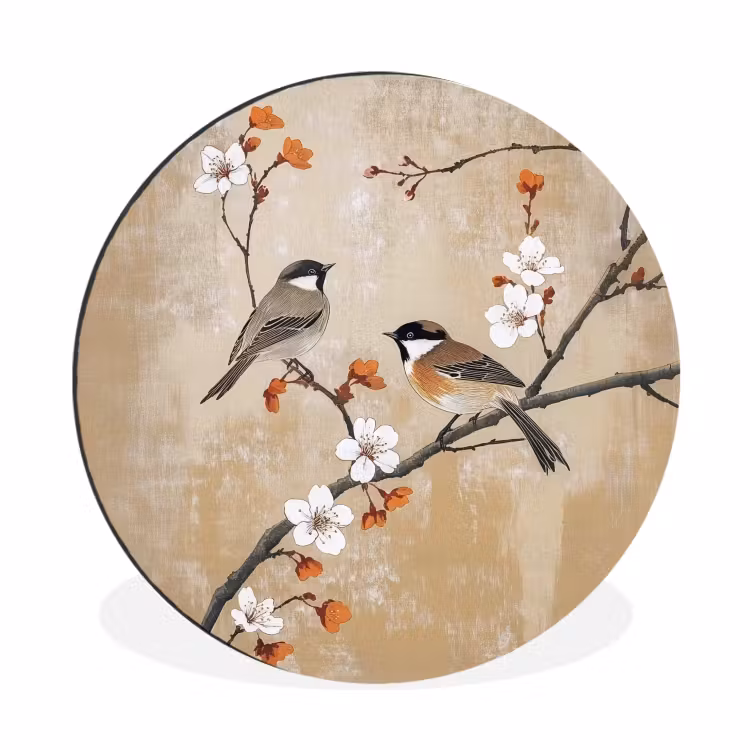 Wandcirkel - aluminium - Vogels - Bloesemtak - Bloemen - Oranje — 1