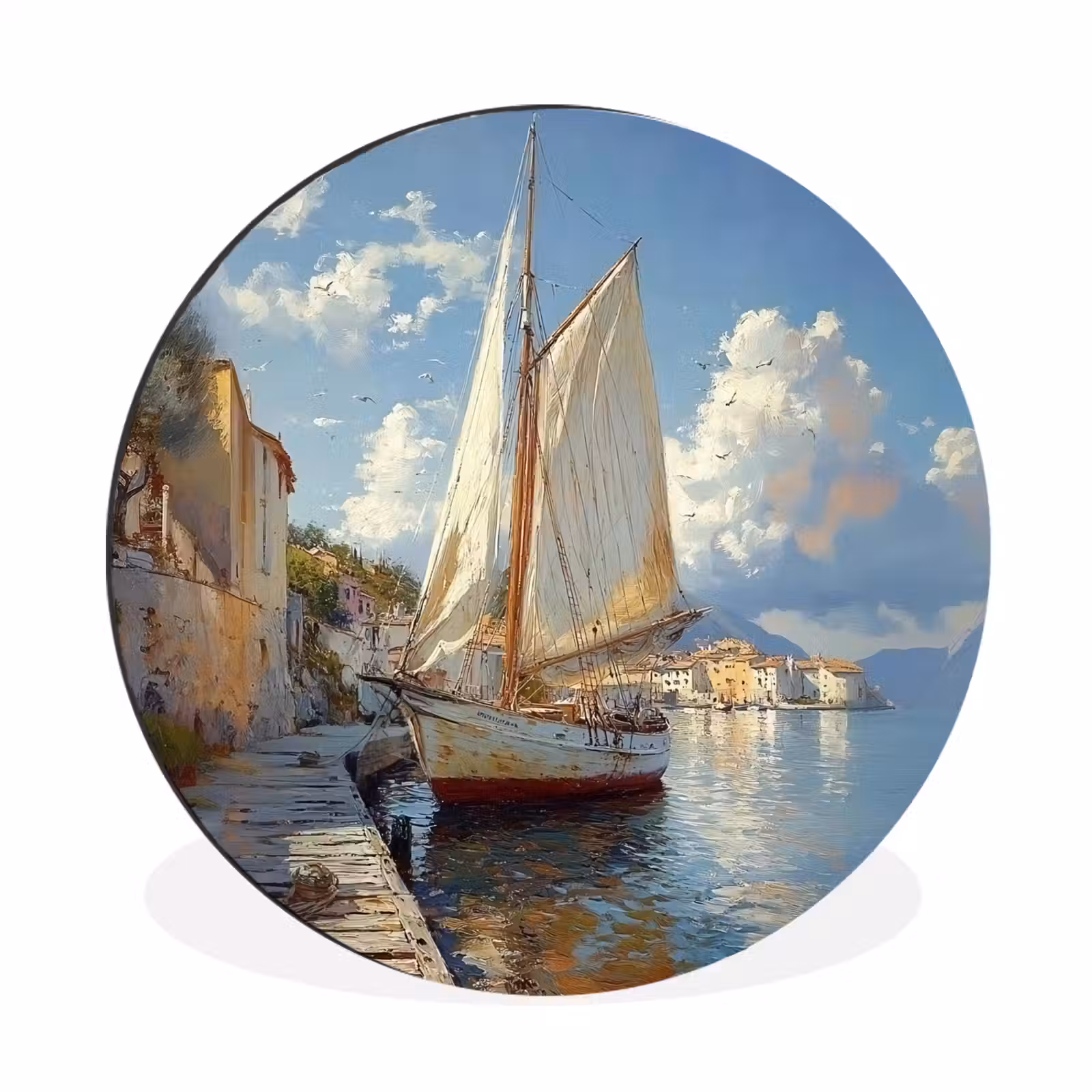 Wandcirkel Aluminium – Zeilschip - Huizen - Kade - Zee — 1