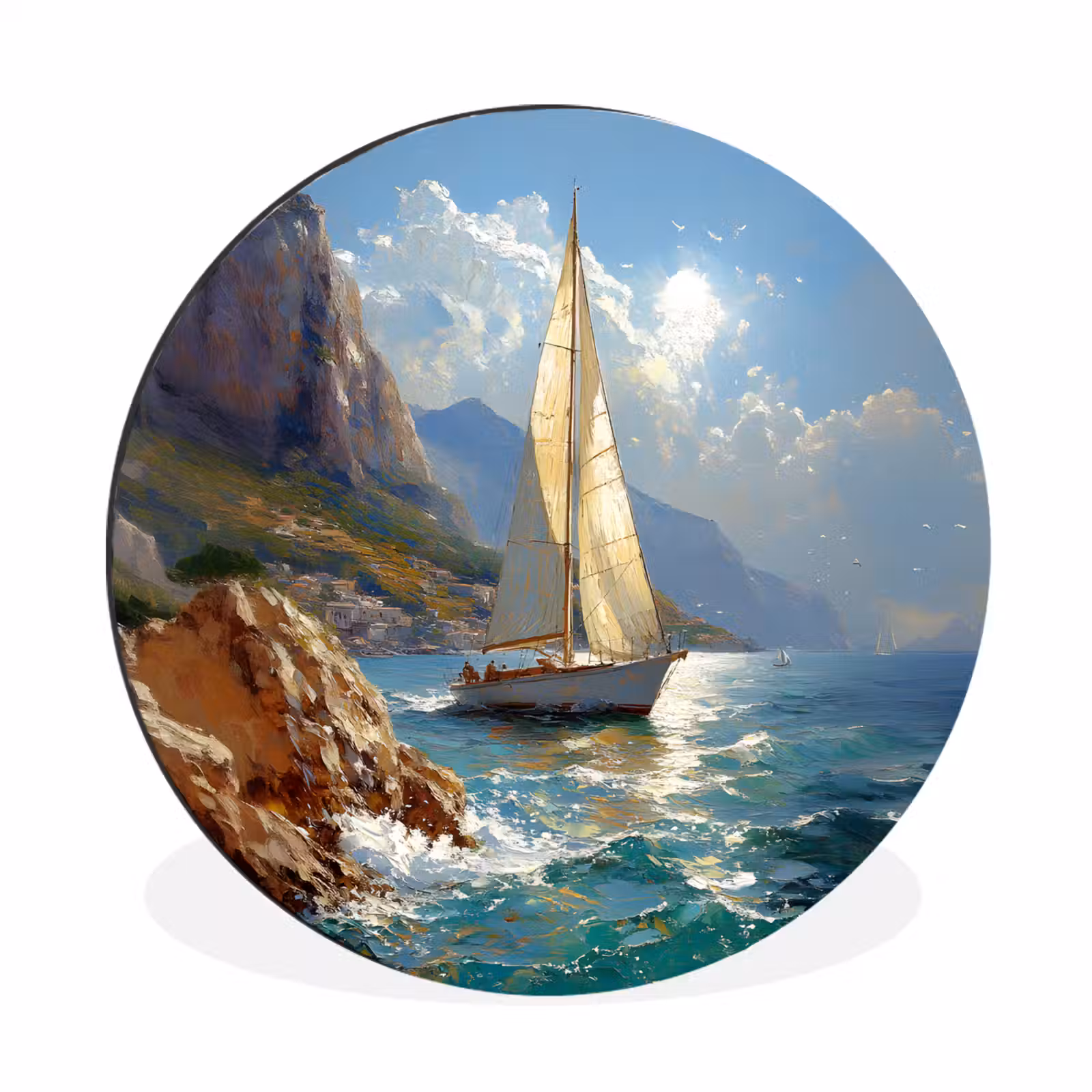 Wandcirkel Aluminium – Zeilschip - Zee - Rotsen - Wolken — 1