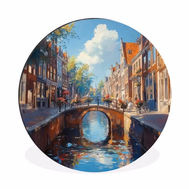 Wandcirkel Aluminium – Stad - Gracht - Zon - Fietsen — 1