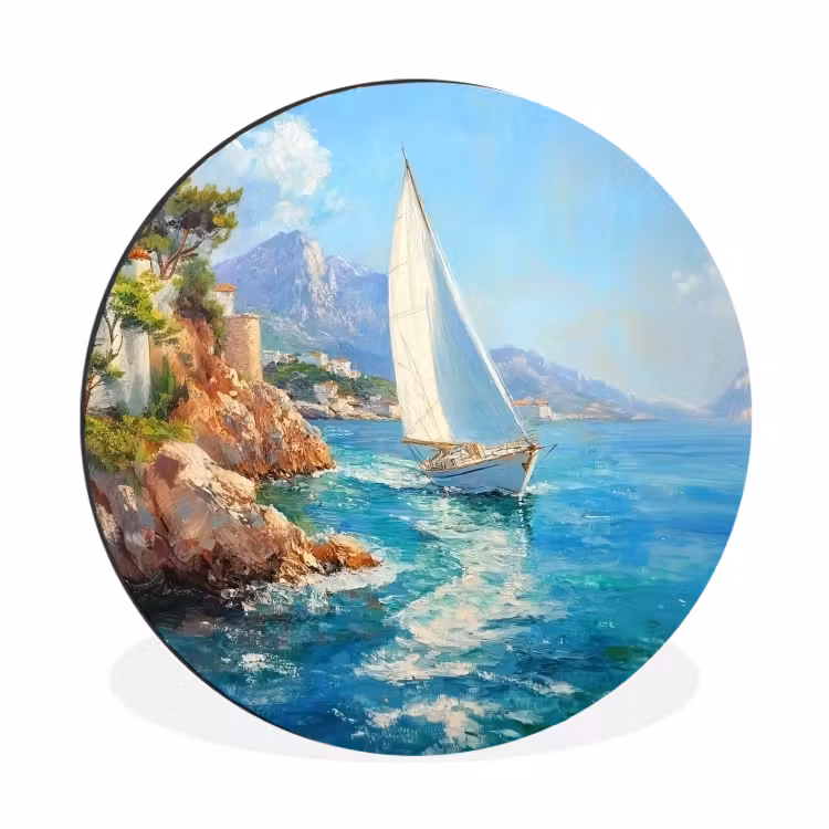 Wandcirkel Aluminium – Zeilboot - Rotsen - Kust - Huizen — 1