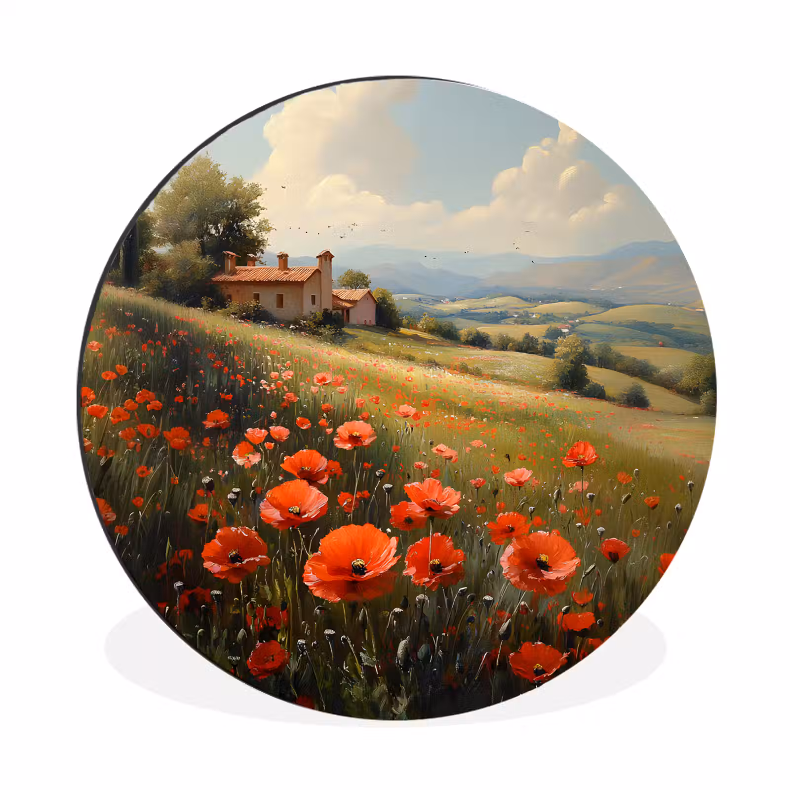 Wandcirkel Aluminium – Klaprozen - Rood - Heuvels - Landschap — 1