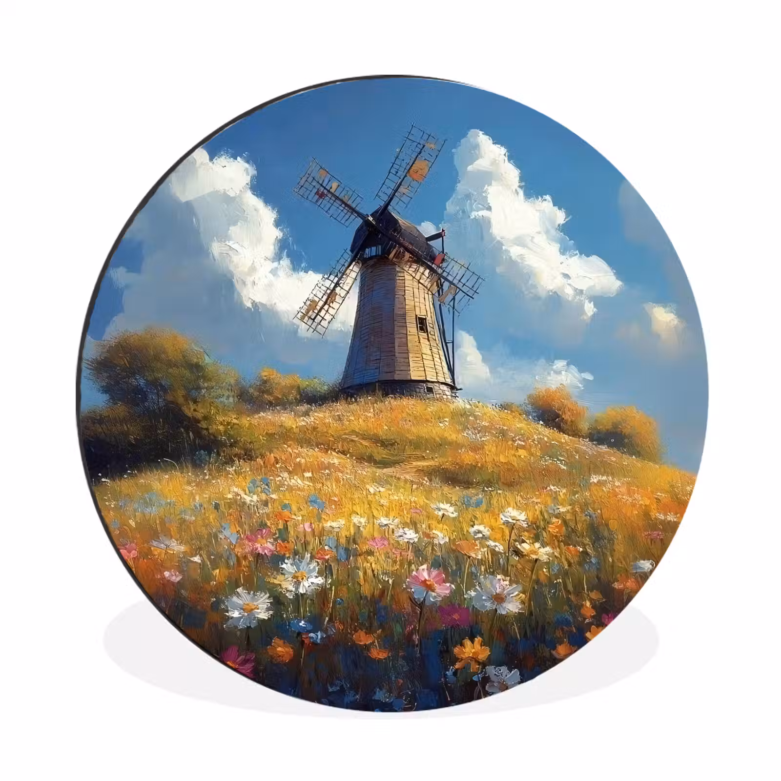 Wandcirkel Aluminium – Windmolen - Heuvel - Bloemen - Kleurrijk — 1