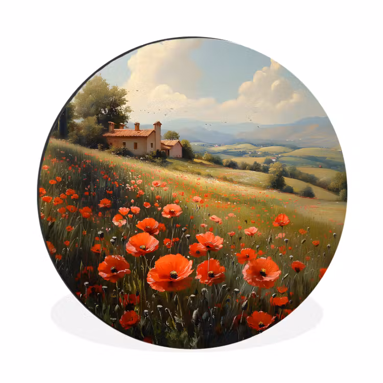 Wandcirkel Aluminium – Klaprozen - Rood - Heuvels - Landschap — 1