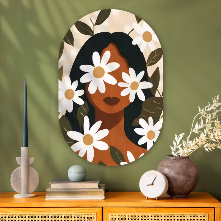 Muurovaal glas - Illustratie - Vrouw - Madeliefjes - Wit — 2