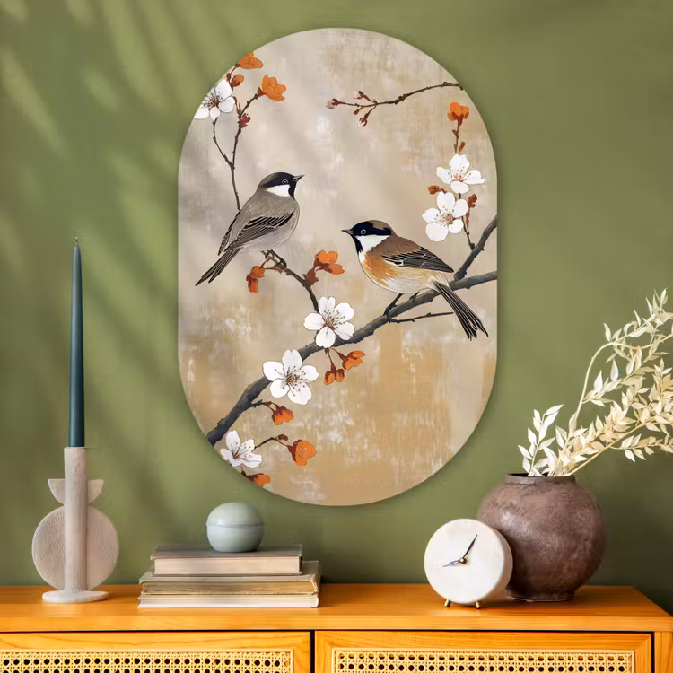 Muurovaal glas - Vogels - Bloesemtak - Bloemen - Oranje — 2