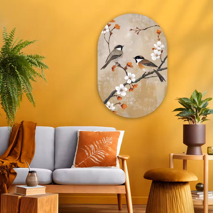 Muurovaal glas - Vogels - Bloesemtak - Bloemen - Oranje — 3
