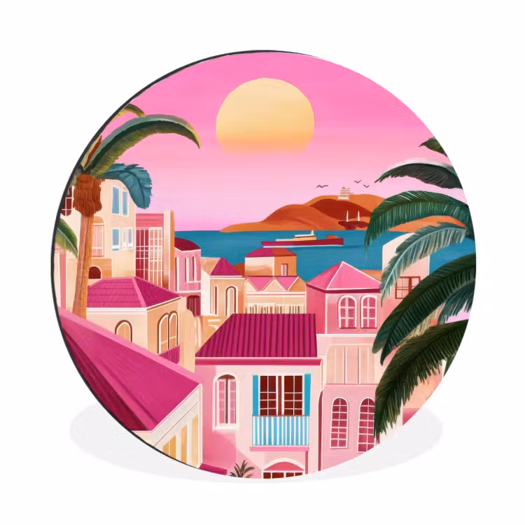 Wandcirkel - aluminium - Roze Huisjes Palmbomen Zonsondergang