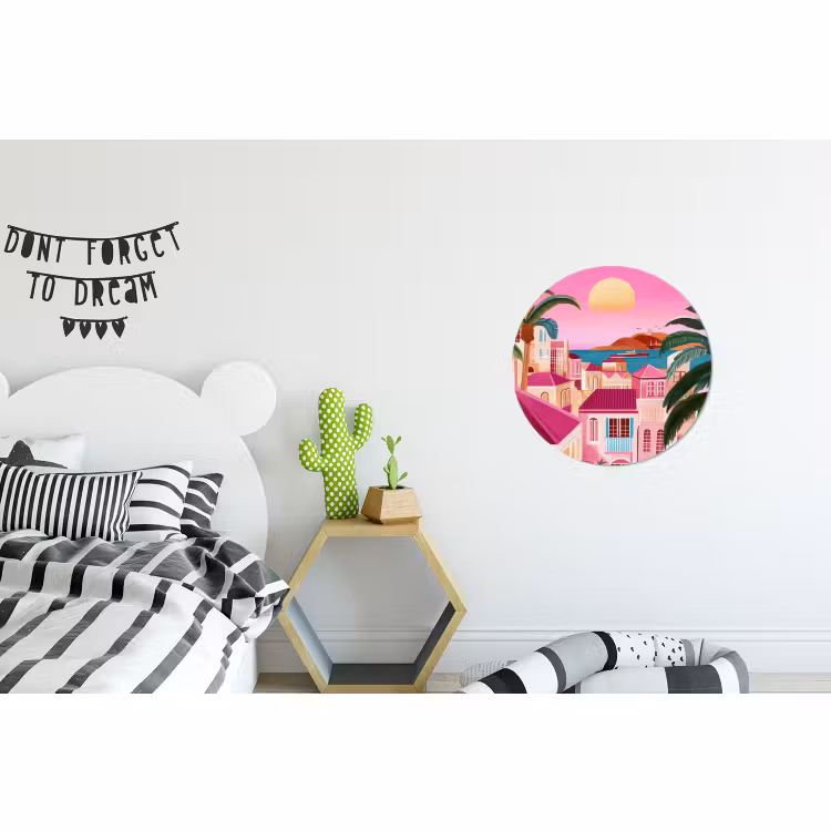Wandcirkel - aluminium - Roze Huisjes Palmbomen Zonsondergang — 5