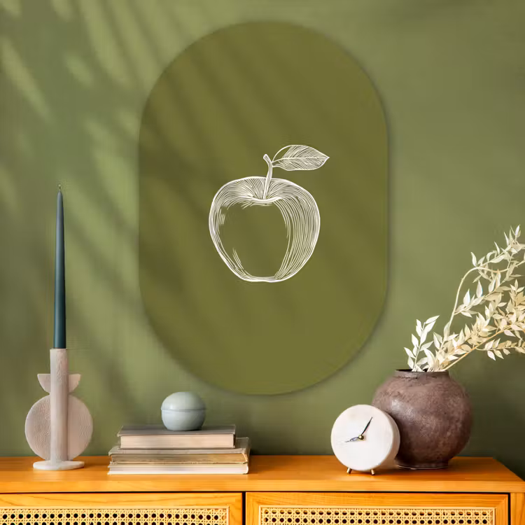 Muurovaal Glas – Lijntekening - Appel - Olijfgroen - Blaadje — 2