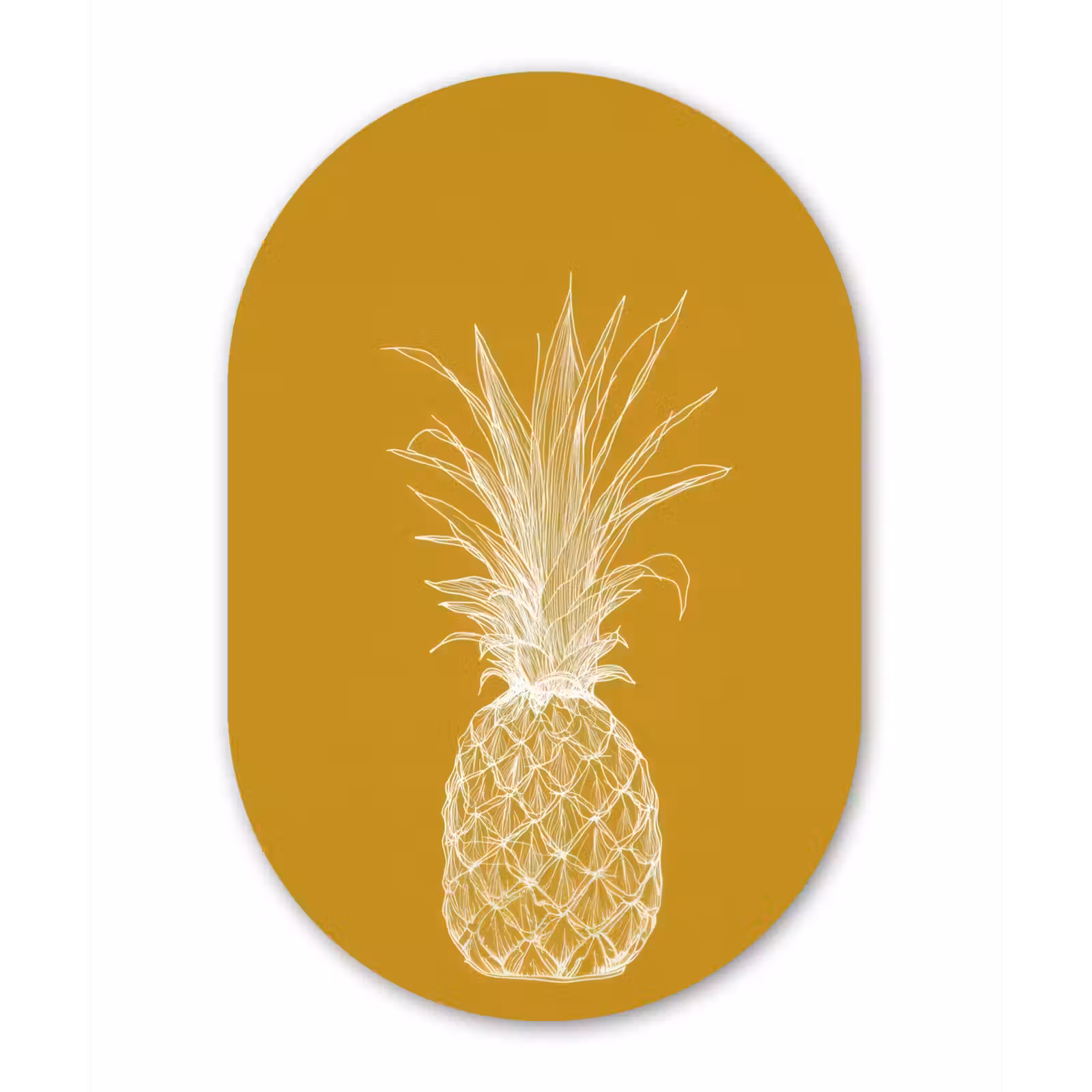 Muurovaal Glas – Lijnillustratie - Ananas - Bladkroon - Okergeel — 1