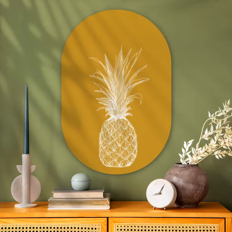 Muurovaal Glas – Lijnillustratie - Ananas - Bladkroon - Okergeel — 2