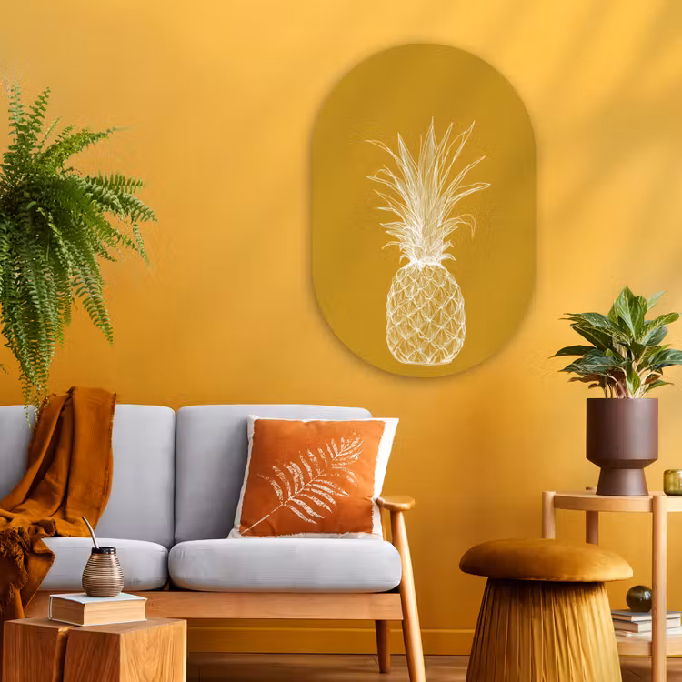 Muurovaal Glas – Lijnillustratie - Ananas - Bladkroon - Okergeel — 3
