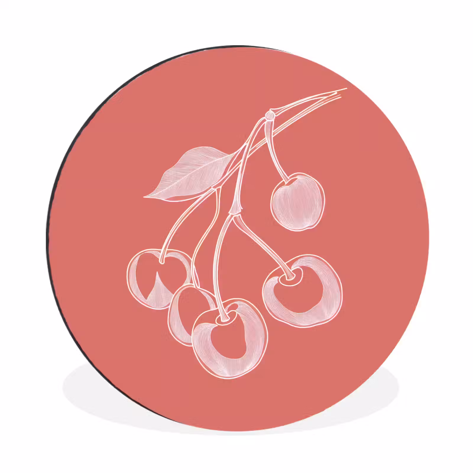 Wandcirkel - aluminium - Lijnillustratie - Kersen - Tak - Wit — 1