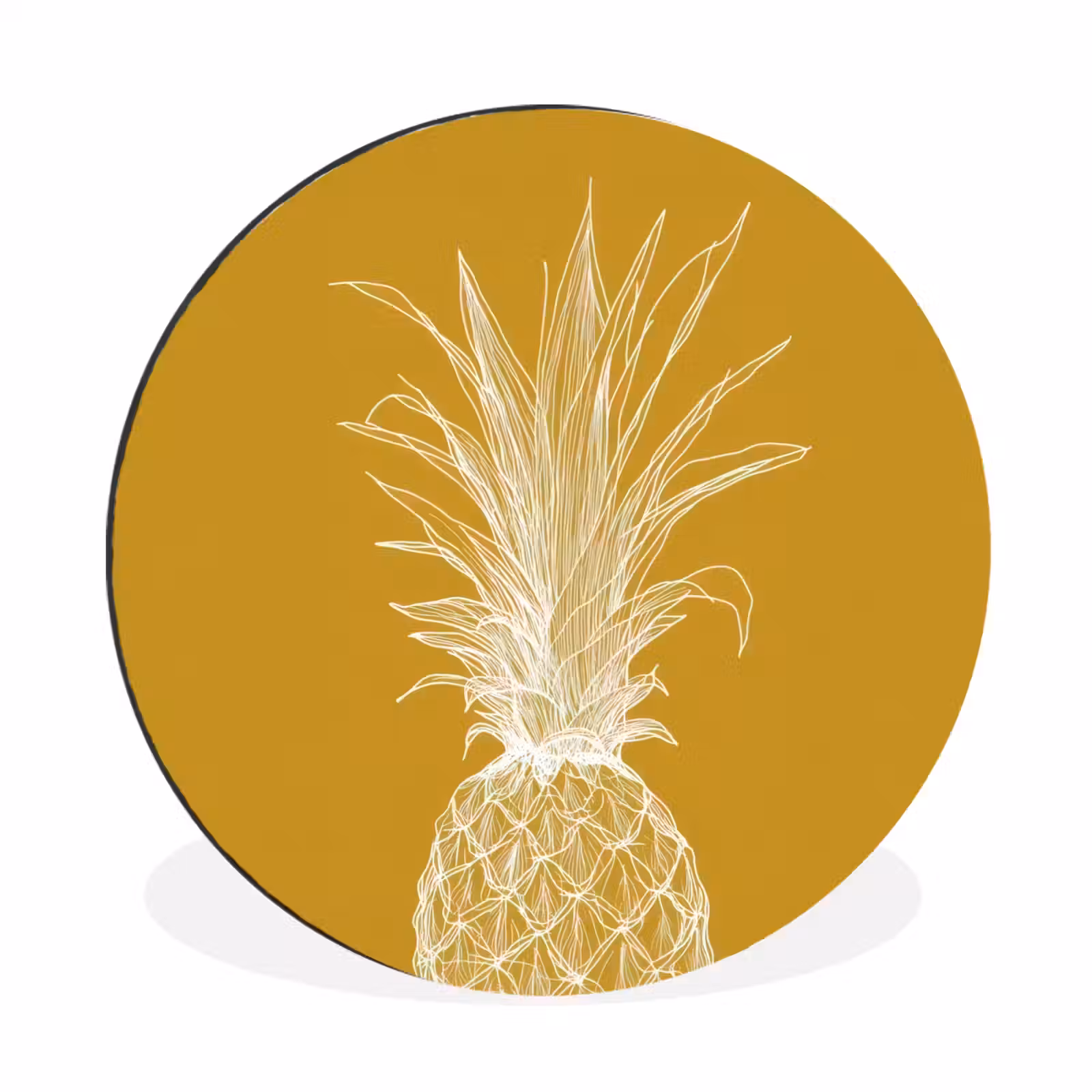 Wandcirkel - aluminium - Lijnillustratie - Ananas - Bladkroon - Okergeel — 1