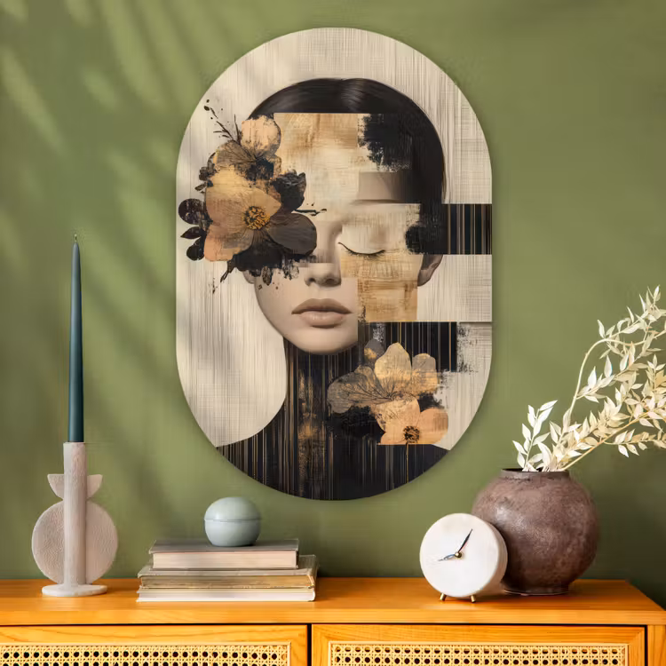 Muurovaal Glas – Abstract Vrouwenportret met Bloemen Collage — 2