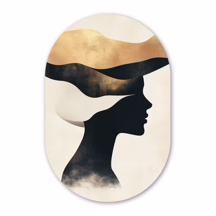 Muurovaal Glas – Silhouet Vrouw Abstracte Golvende Vormen