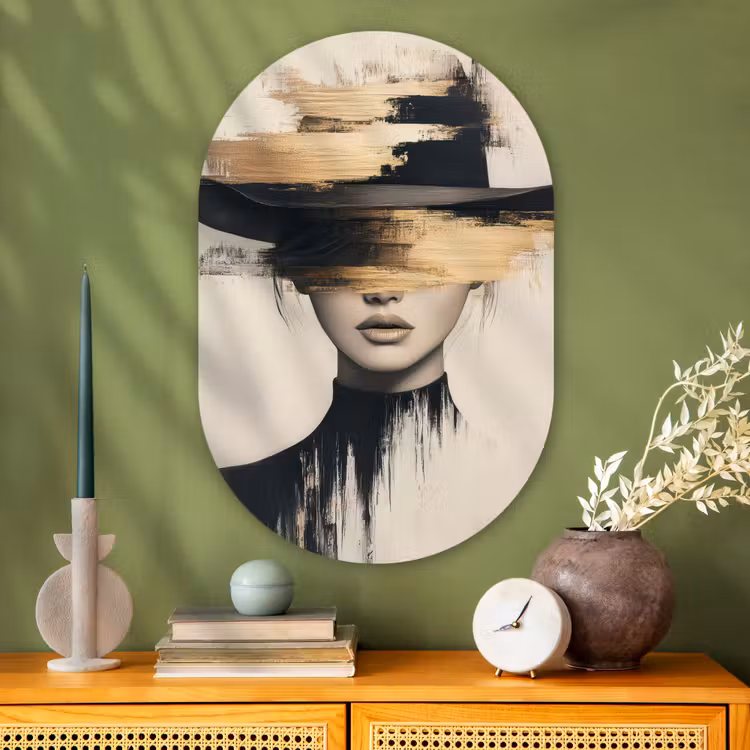 Muurovaal Glas – Vrouw met Hoed Gouden Penseelstreken — 2