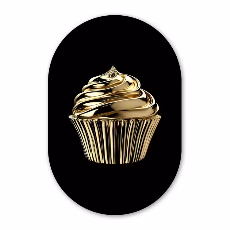 Muurovaal Glas – Cupcake - Eten - Goud - Zwart