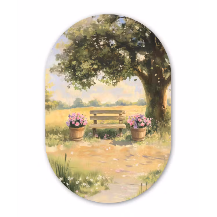 Muurovaal Glas – Houten bankje - Bloempotten - Landschap — 1