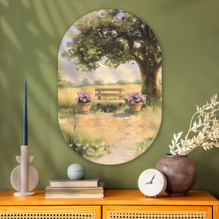 Muurovaal Glas – Houten bankje - Bloempotten - Landschap — 2