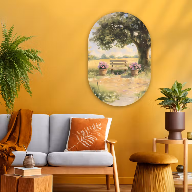 Muurovaal Glas – Houten bankje - Bloempotten - Landschap — 3