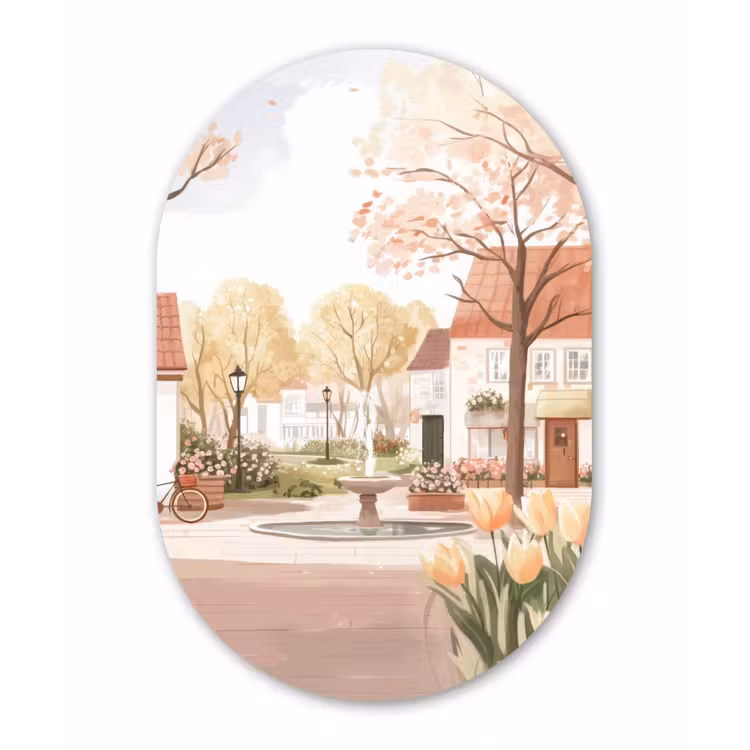 Muurovaal Glas – Dorpsplein - Fontein - Tulpen — 1