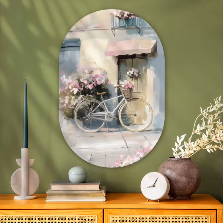 Muurovaal Glas – Fiets - Pastelkleuren - Bloemen — 2