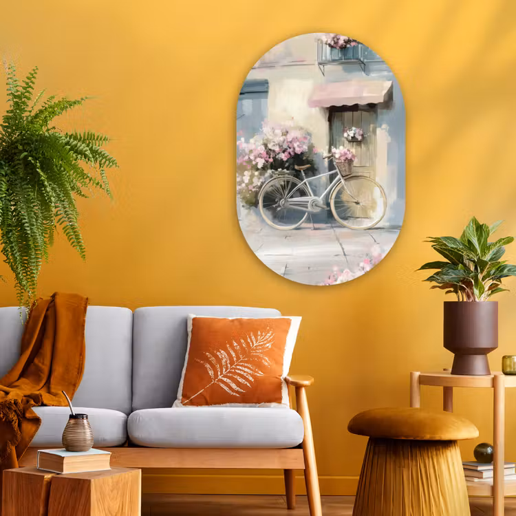 Muurovaal Glas – Fiets - Pastelkleuren - Bloemen — 3