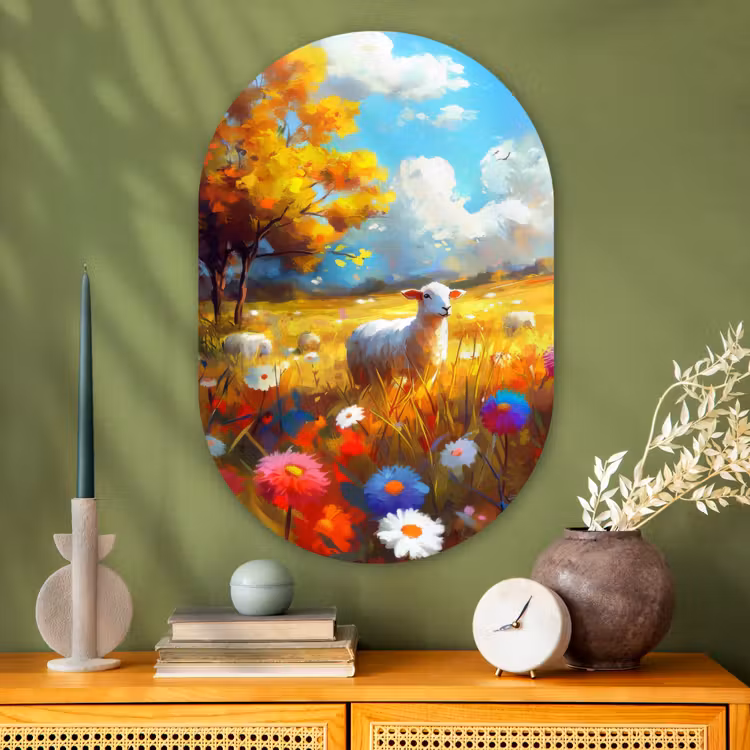 Muurovaal Glas – Schaap - Weide - Bloemen — 2