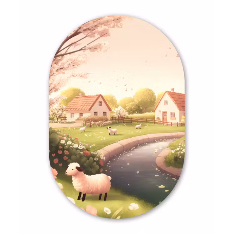 Muurovaal Glas – Schapen - Huisje - Platteland — 1