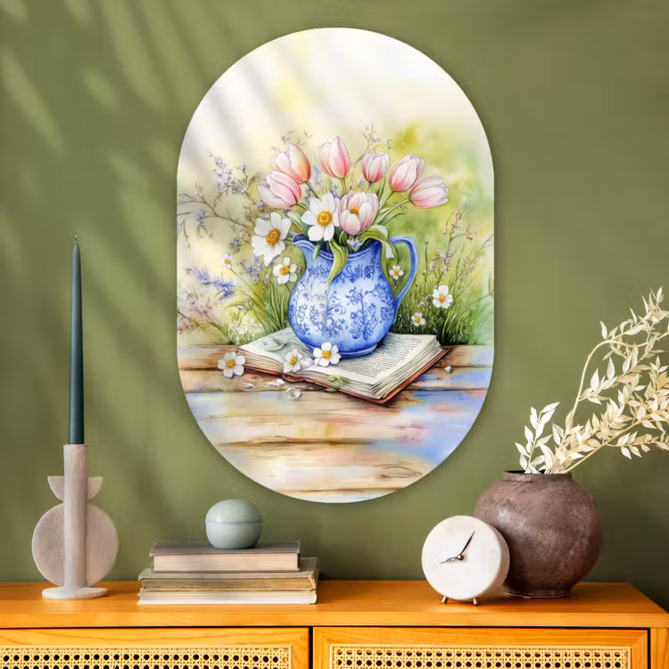 Muurovaal Glas – Vaas - Delftsblauw - Madeliefjes — 2