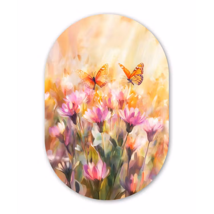 Muurovaal Glas – Vlinders - Oranje - Bloemen — 1