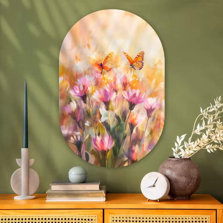 Muurovaal Glas – Vlinders - Oranje - Bloemen — 2