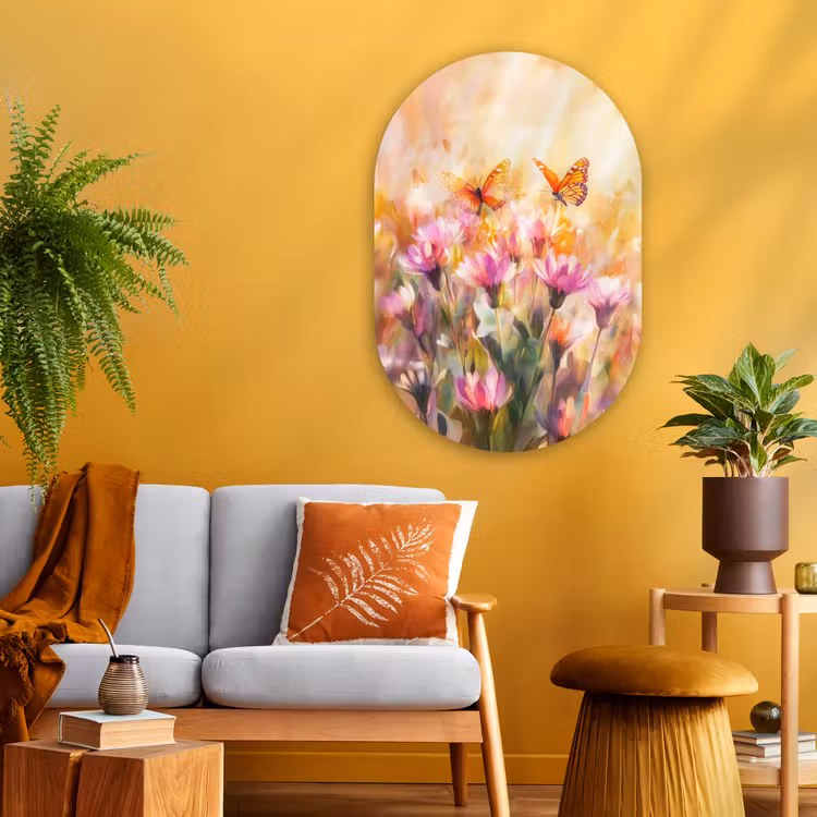 Muurovaal Glas – Vlinders - Oranje - Bloemen — 3
