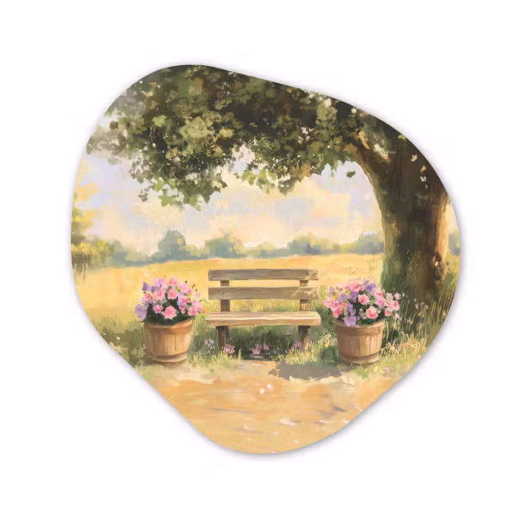 Organisch schilderij – Houten bankje - Bloempotten - Landschap — 1