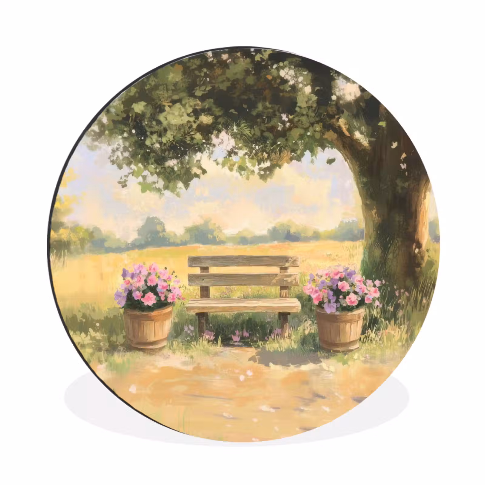 Wandcirkel - aluminium - Houten bankje - Bloempotten - Landschap — 1