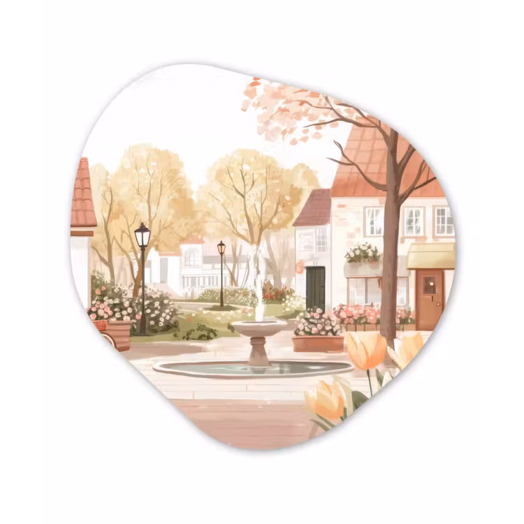 Organisch schilderij – Dorpsplein - Fontein - Tulpen — 1
