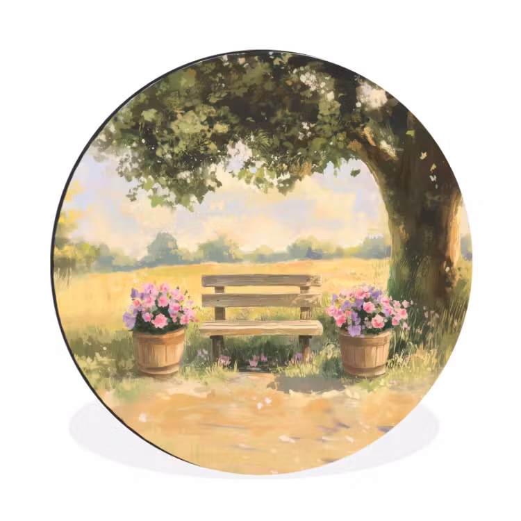 Wandcirkel - aluminium - Houten bankje - Bloempotten - Landschap — 1