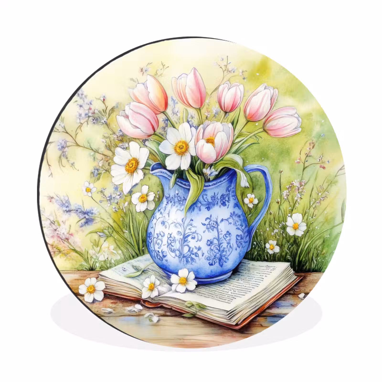 Wandcirkel - aluminium - Vaas - Delftsblauw - Madeliefjes — 1