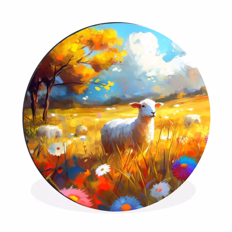 Wandcirkel - aluminium - Schaap - Weide - Bloemen — 1