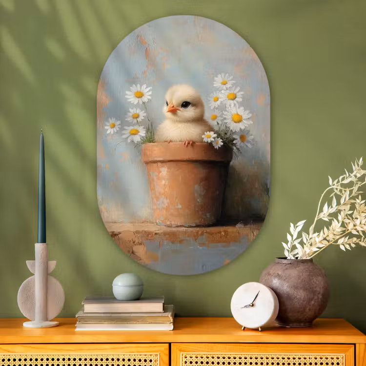 Muurovaal Glas – Bloempot - Kuiken - Bloemetjes — 2