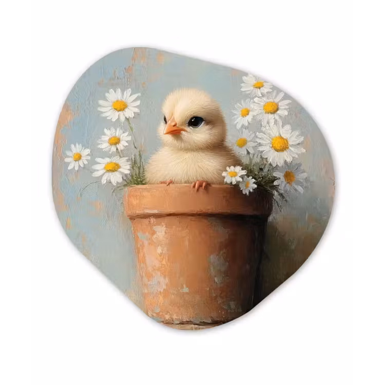 Organisch schilderij – Bloempot - Kuiken - Bloemetjes — 1