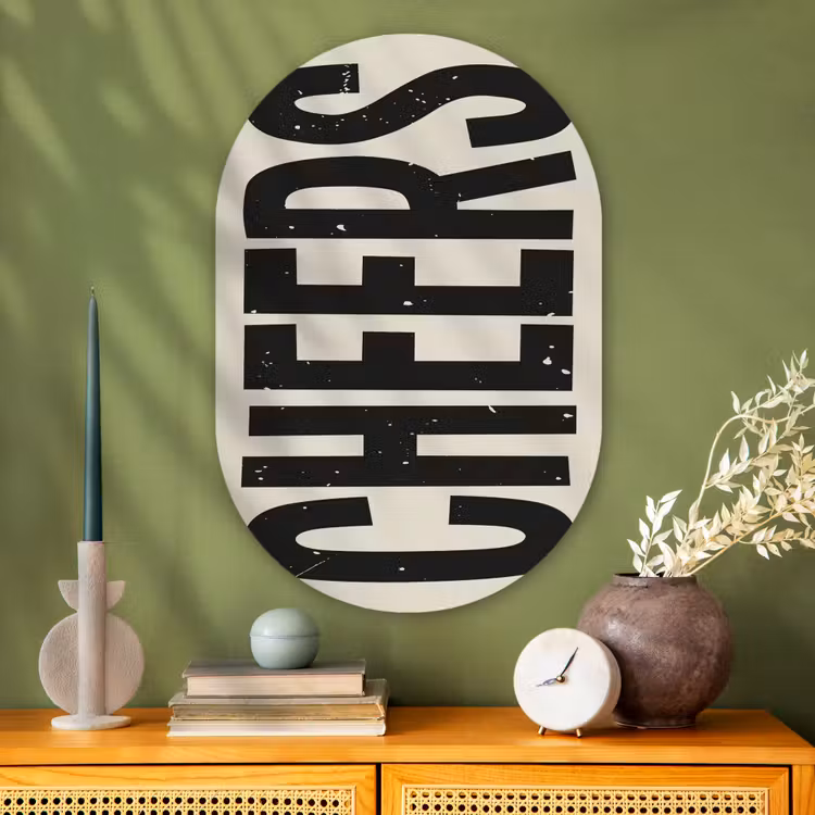 Muurovaal Glas – Cheers - Japandi - Zwart - Letters — 2