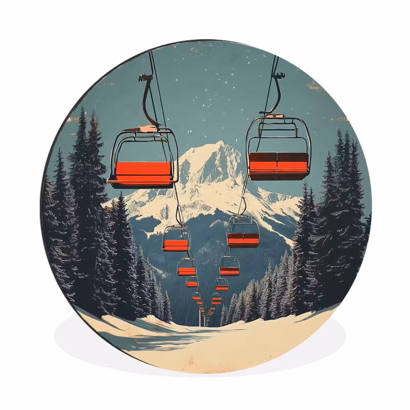 Wandcirkel - aluminium - Sneeuw - Skilift - Rood - Bomen — 1