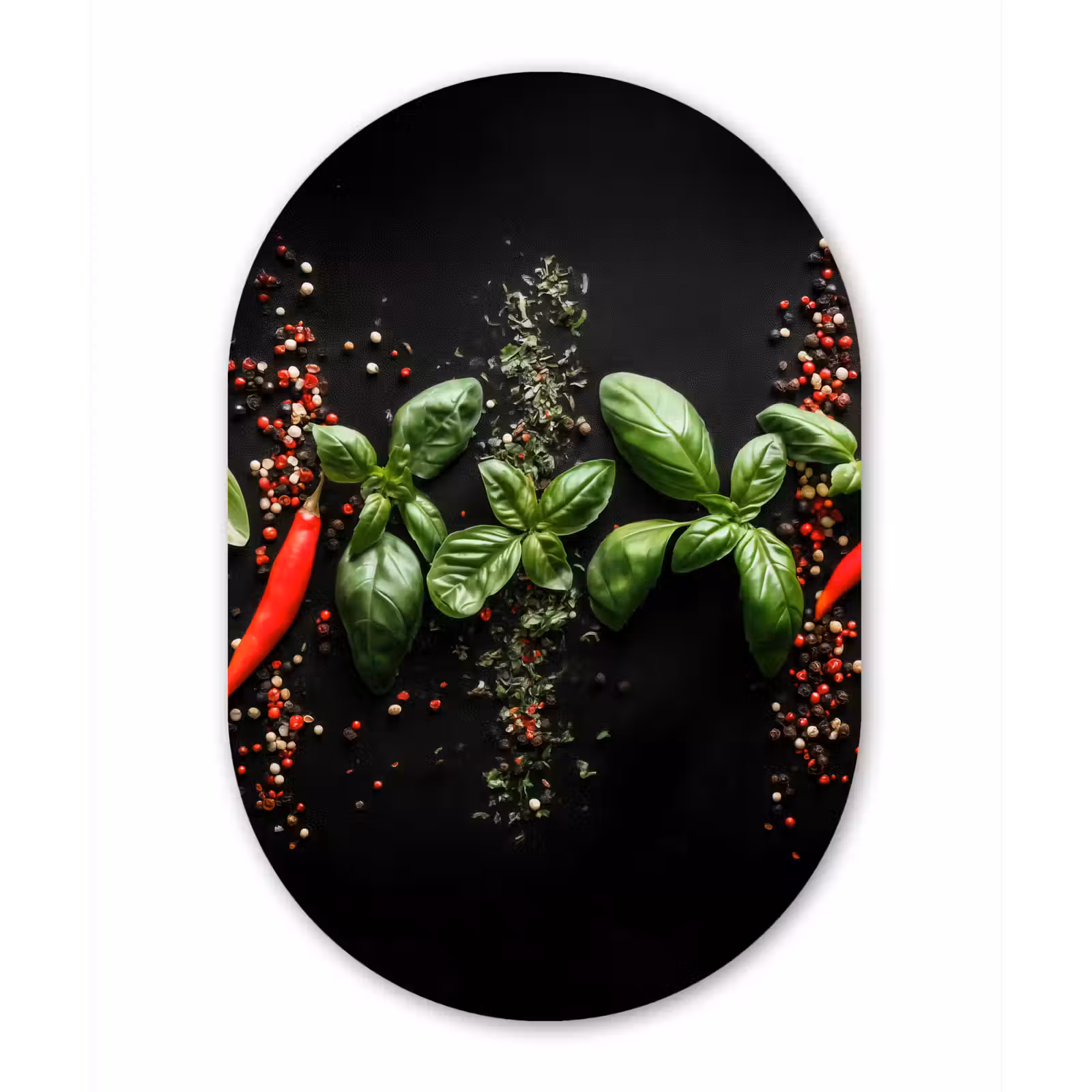 Muurovaal Glas – Chilipepers - Basilicum - Blaadjes - Rood — 1