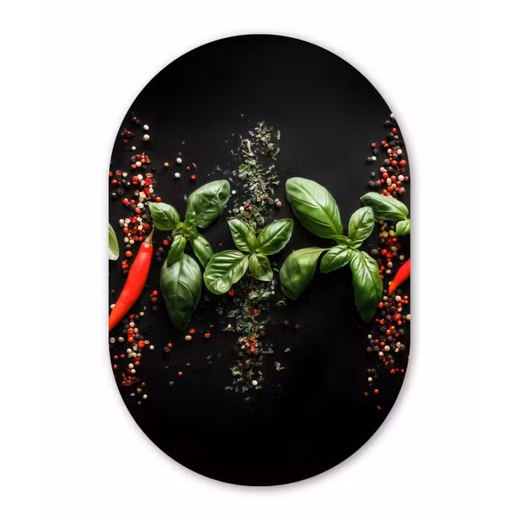 Muurovaal Glas – Chilipepers - Basilicum - Blaadjes - Rood