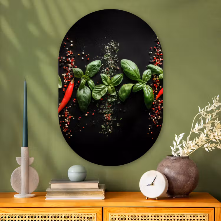 Muurovaal Glas – Chilipepers - Basilicum - Blaadjes - Rood — 2