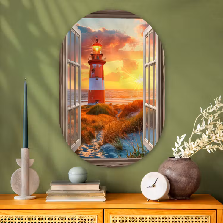 Muurovaal Glas – Doorkijk - Raam - Vuurtoren - Zonsondergang - Strand — 2